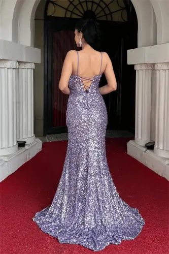 Sequin Fabric Back String Fish Evening Dress - LILAC - 5