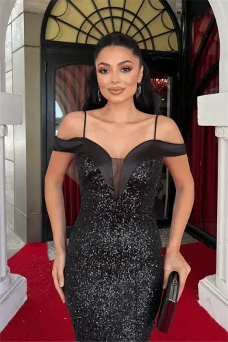 Sequin Fabric Boat Neck Evening Dress - BLACK - 4