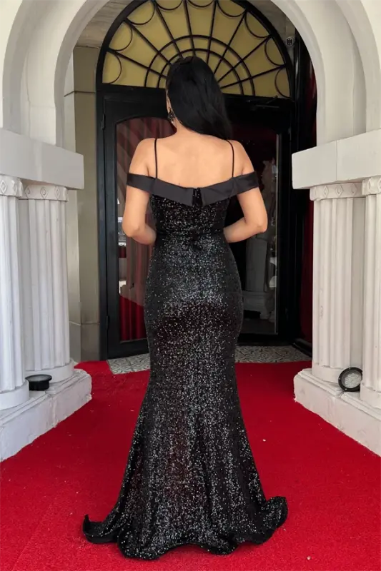 Sequin Fabric Boat Neck Evening Dress - BLACK - 5