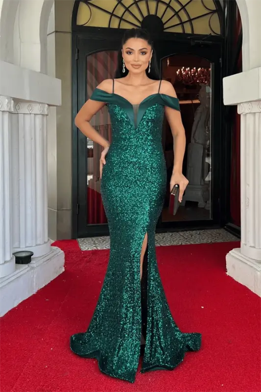 Sequin Fabric Boat Neck Evening Dress - EMERALD GREEN - 2