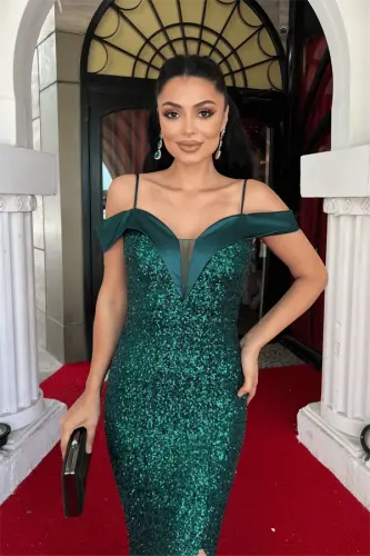 Sequin Fabric Boat Neck Evening Dress - EMERALD GREEN - 3