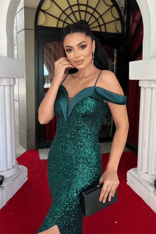 Sequin Fabric Boat Neck Evening Dress - EMERALD GREEN - 4