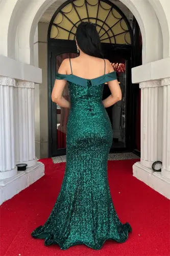 Sequin Fabric Boat Neck Evening Dress - EMERALD GREEN - 5
