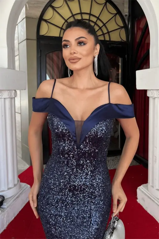 Sequin Fabric Boat Neck Evening Dress - NAVY BLUE - 3