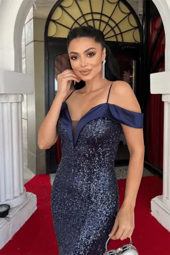 Sequin Fabric Boat Neck Evening Dress - NAVY BLUE - 4