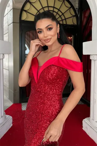 Sequin Fabric Boat Neck Evening Dress - RED - 3