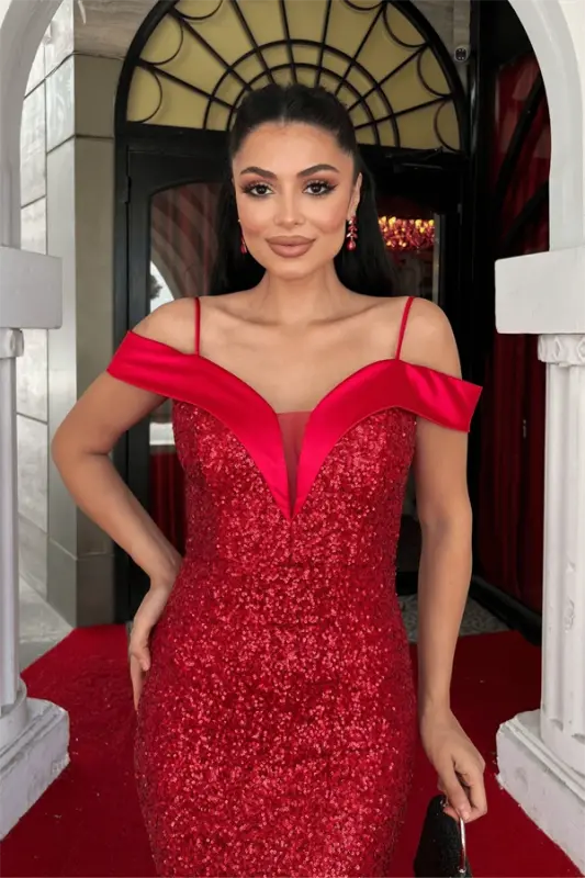 Sequin Fabric Boat Neck Evening Dress - RED - 4