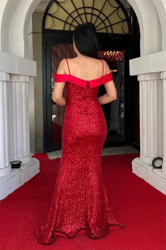 Sequin Fabric Boat Neck Evening Dress - RED - 5