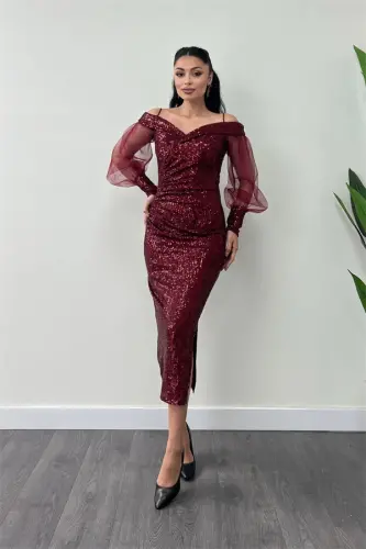 Sequin Fabric Boat Neck Pencil Dress - BURGUNDY - 1