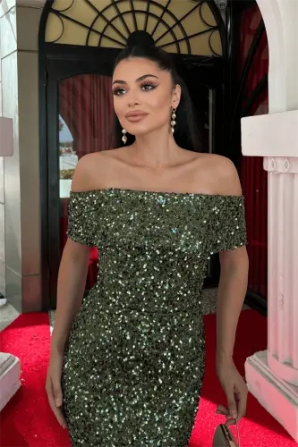 Sequin Fabric Boat Neck Pencil Dress - KHAKI GREEN - 9