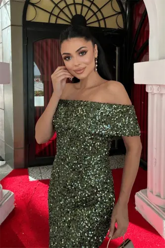 Sequin Fabric Boat Neck Pencil Dress - KHAKI GREEN - 8