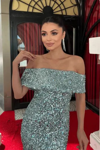 Sequin Fabric Boat Neck Pencil Dress - MINT GREEN - 4