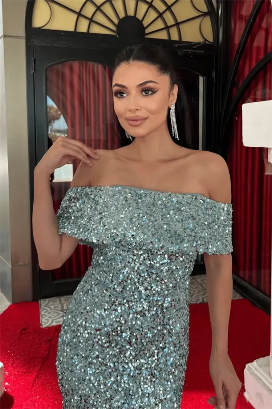 Sequin Fabric Boat Neck Pencil Dress - MINT GREEN - 4