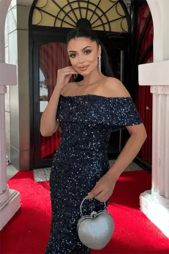 Sequin Fabric Boat Neck Pencil Dress - NAVY BLUE - 3