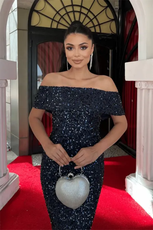 Sequin Fabric Boat Neck Pencil Dress - NAVY BLUE - 7