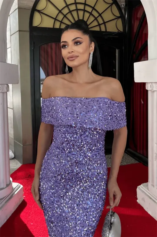 Sequin Fabric Boat Neck Pencil Dress - PURPLE - 3