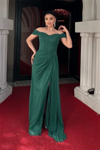 Sequin Fabric Boned Detailed Evening Dress - EMERALD GREEN - 2