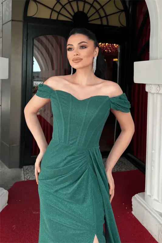 Sequin Fabric Boned Detailed Evening Dress - EMERALD GREEN - 3