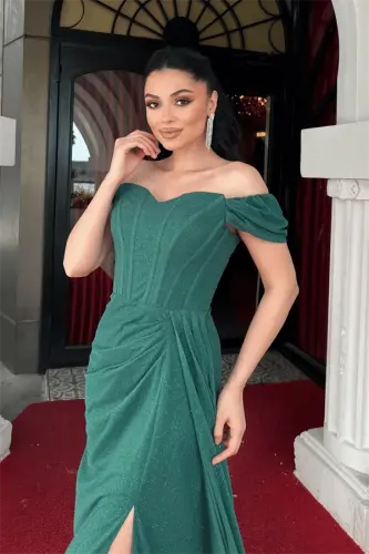 Sequin Fabric Boned Detailed Evening Dress - EMERALD GREEN - 4