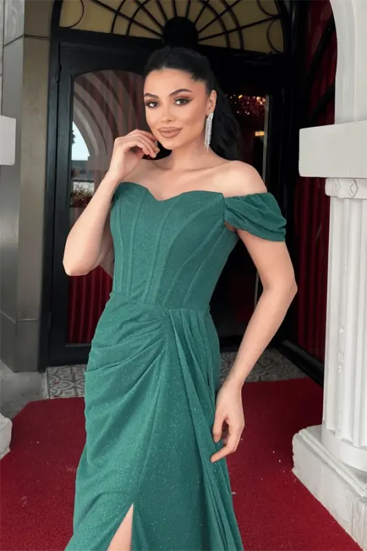 Sequin Fabric Boned Detailed Evening Dress - EMERALD GREEN - 4