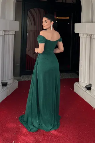 Sequin Fabric Boned Detailed Evening Dress - EMERALD GREEN - 5