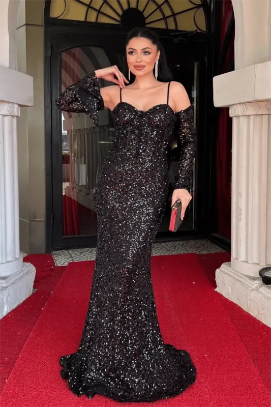 Sequin Fabric Boned Evening Dress - BLACK - 4