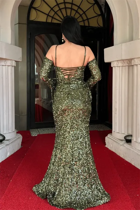 Sequin Fabric Boned Evening Dress - KHAKI GREEN - 1