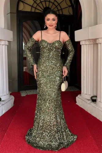 Sequin Fabric Boned Evening Dress - KHAKI GREEN - 3