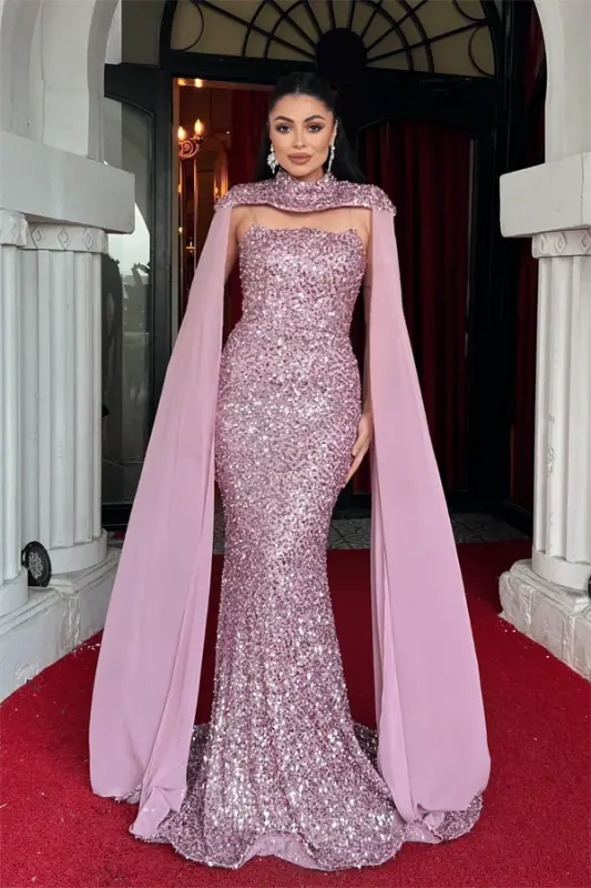 Sequin Fabric Cape Detail Evening Dress - POWDER - BÜYÜKBEDENIZ