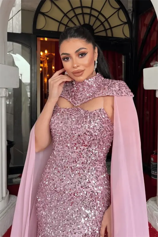Sequin Fabric Cape Detail Evening Dress - POWDER - 4