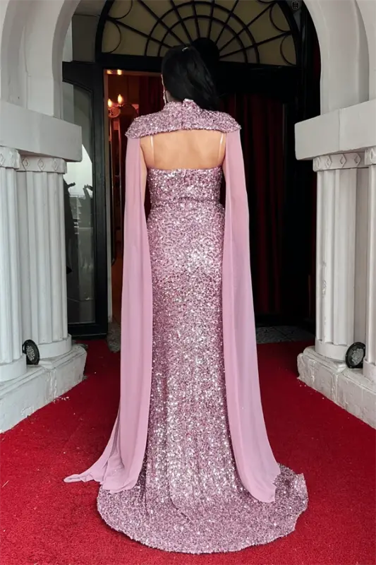 Sequin Fabric Cape Detail Evening Dress - POWDER - 5
