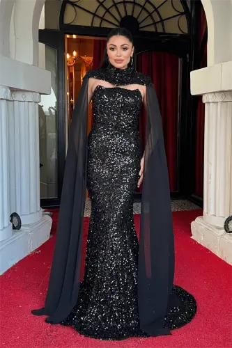 Sequin Fabric Cape Detailed Evening Dress - BLACK - 1