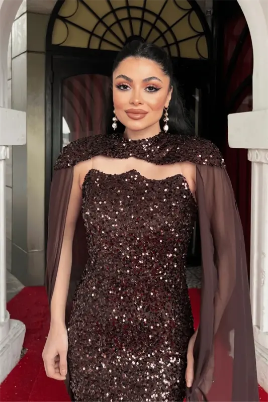 Sequin Fabric Cape Detailed Evening Dress - BROWN - 4