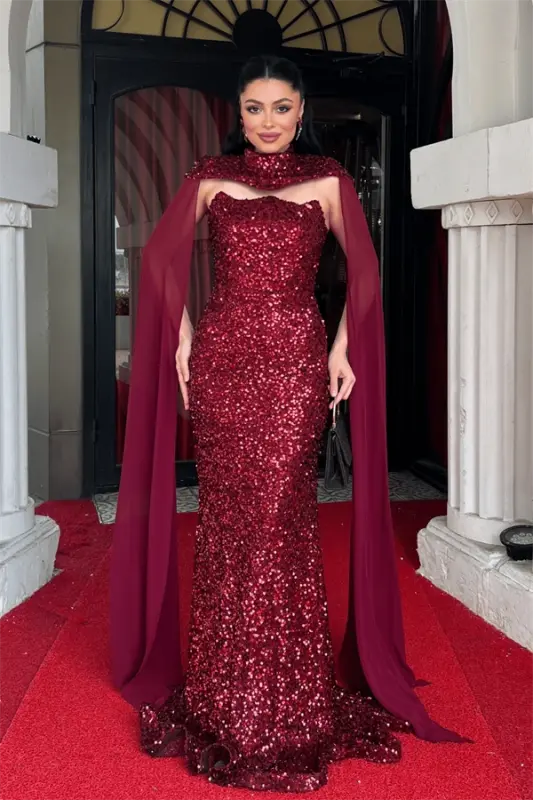 Sequin Fabric Cape Detailed Evening Dress - CLARET RED - BÜYÜKBEDENIZ