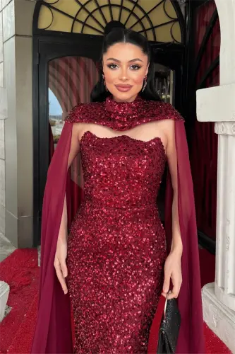 Sequin Fabric Cape Detailed Evening Dress - CLARET RED - 3