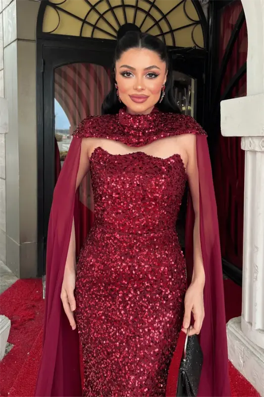 Sequin Fabric Cape Detailed Evening Dress - CLARET RED - 3