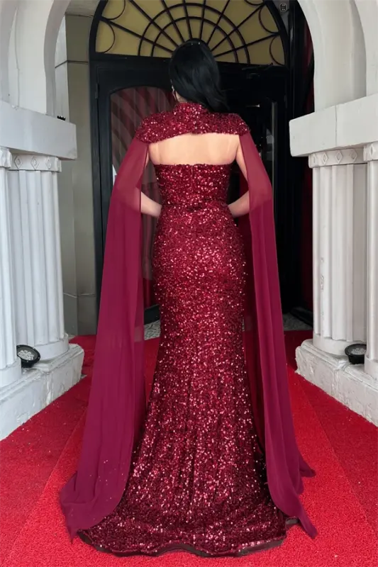 Sequin Fabric Cape Detailed Evening Dress - CLARET RED - 5