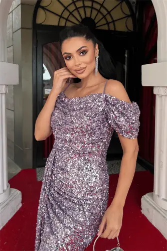 Sequin Fabric Cowl Neck Evening Dress - LILAC - 4