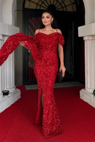 Sequin Fabric Cowl Neck Evening Dress - RED - BÜYÜKBEDENIZ (1)