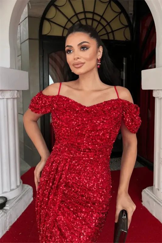 Sequin Fabric Cowl Neck Evening Dress - RED - 3