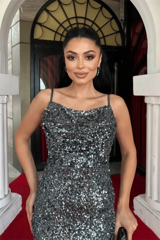 Sequin Fabric Cowl Neck Strap Evening Dress - ANTHRACITE - 3