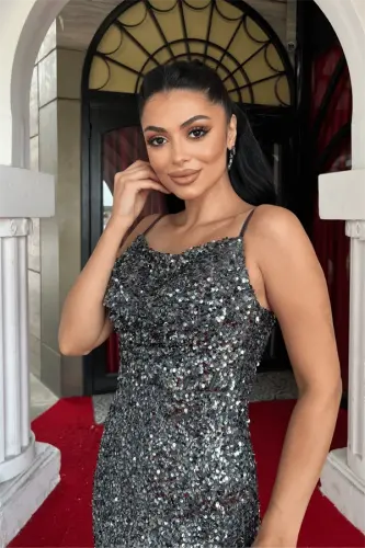 Sequin Fabric Cowl Neck Strap Evening Dress - ANTHRACITE - 4