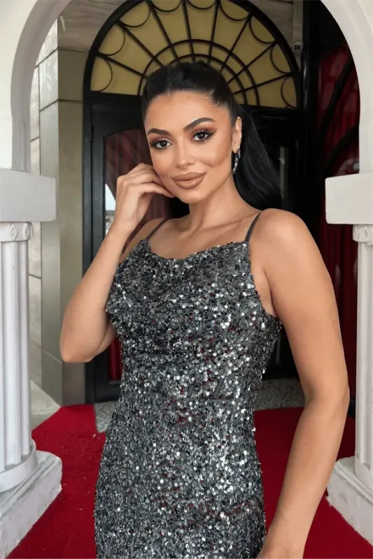 Sequin Fabric Cowl Neck Strap Evening Dress - ANTHRACITE - 4