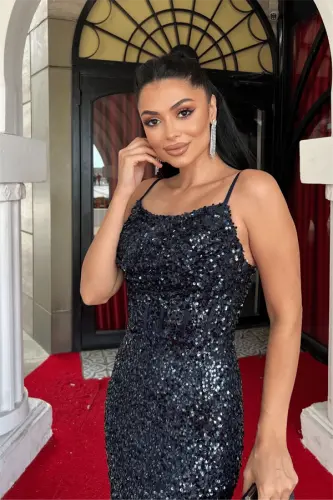 Sequin Fabric Cowl Neck Strap Evening Dress - NAVY BLUE - 4