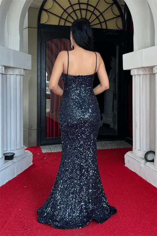 Sequin Fabric Cowl Neck Strap Evening Dress - NAVY BLUE - 5