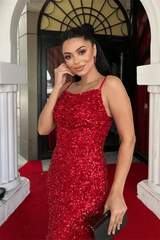 Sequin Fabric Cowl Neck Strap Evening Dress - RED - 3