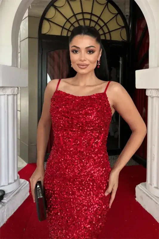 Sequin Fabric Cowl Neck Strap Evening Dress - RED - 4