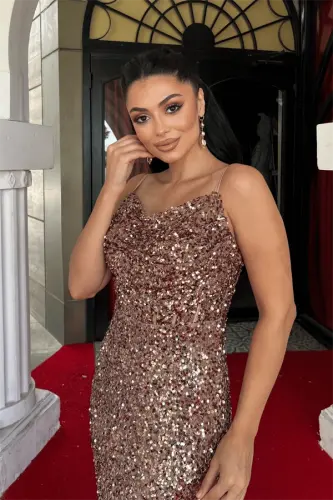 Sequin Fabric Cowl Neck Strappy Evening Dress - BROWN - 3