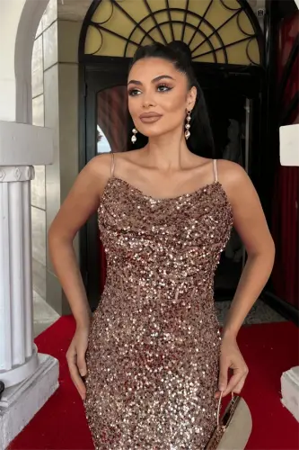 Sequin Fabric Cowl Neck Strappy Evening Dress - BROWN - 4