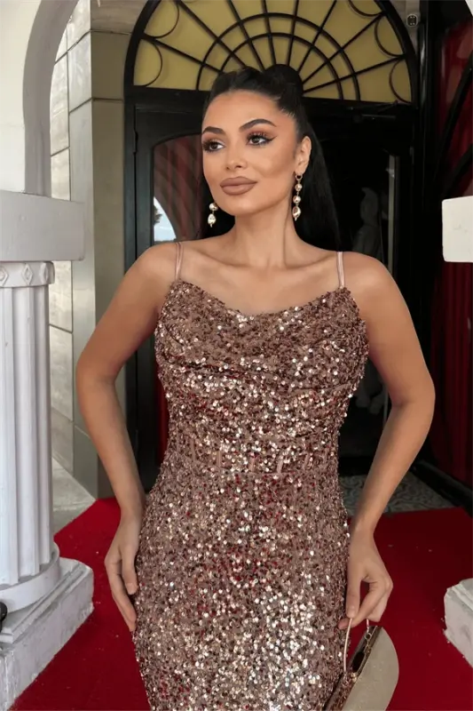 Sequin Fabric Cowl Neck Strappy Evening Dress - BROWN - 4